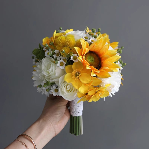 Simple Bridal Bouquets Fake Sunflower Wedding Bouquet With White Rose Flower