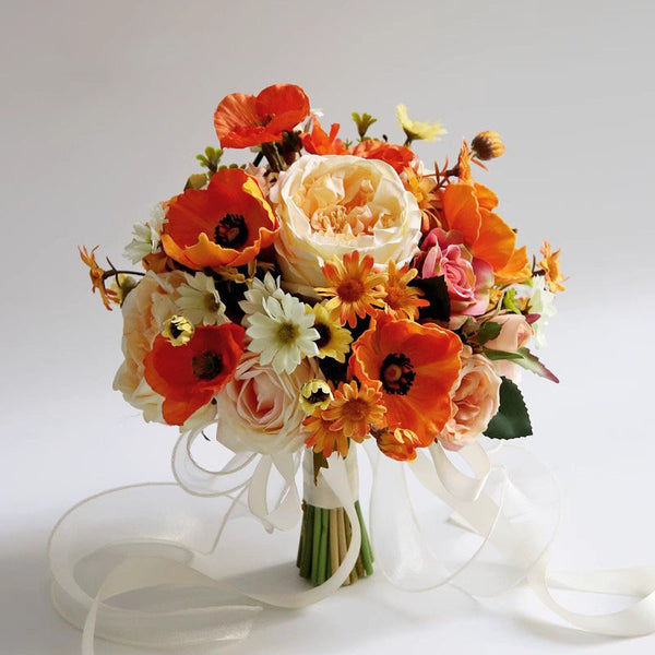  Champagne Rose Poppy Daisy Bridal Bouquet